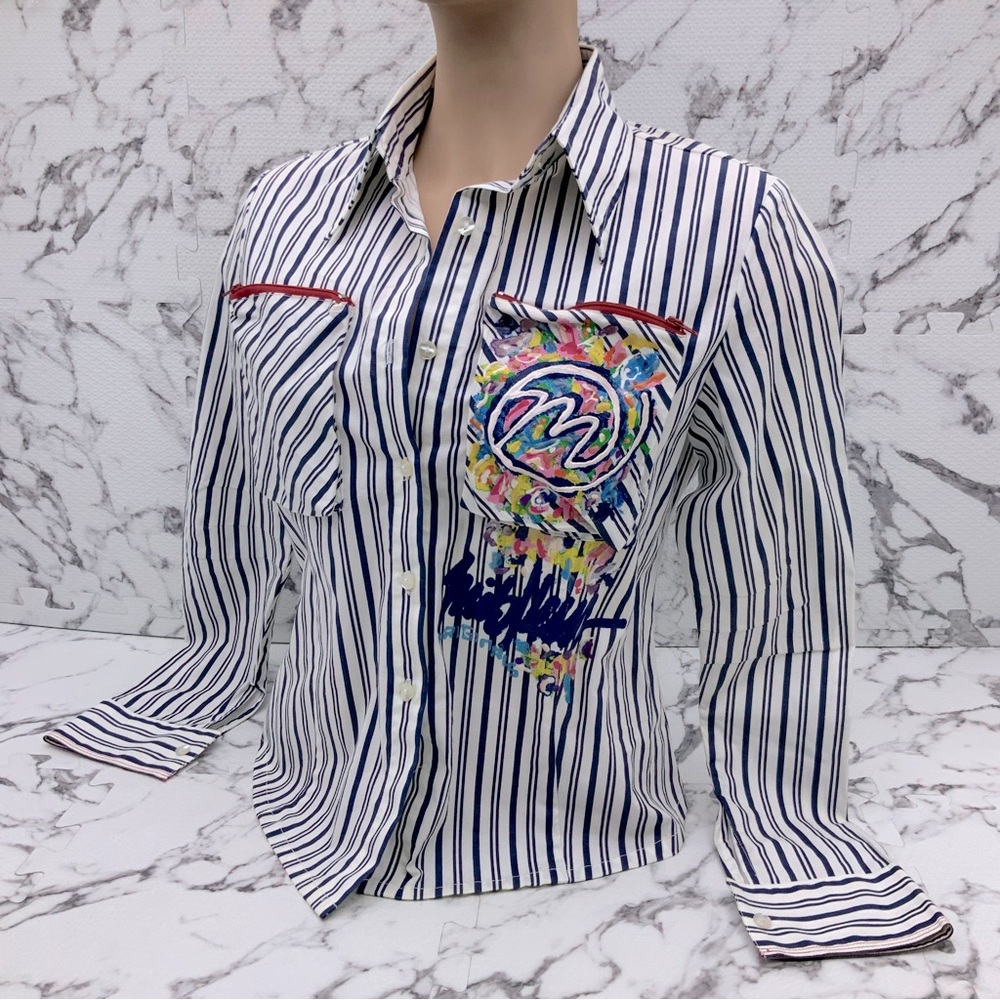Women’s Miskeen Navy White Striped Hand-painted Button Down Shirts